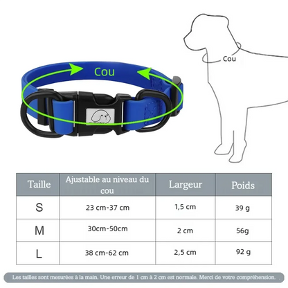 Guide des tailles du collier pour chien en PVC avec dimensions S, M et L.