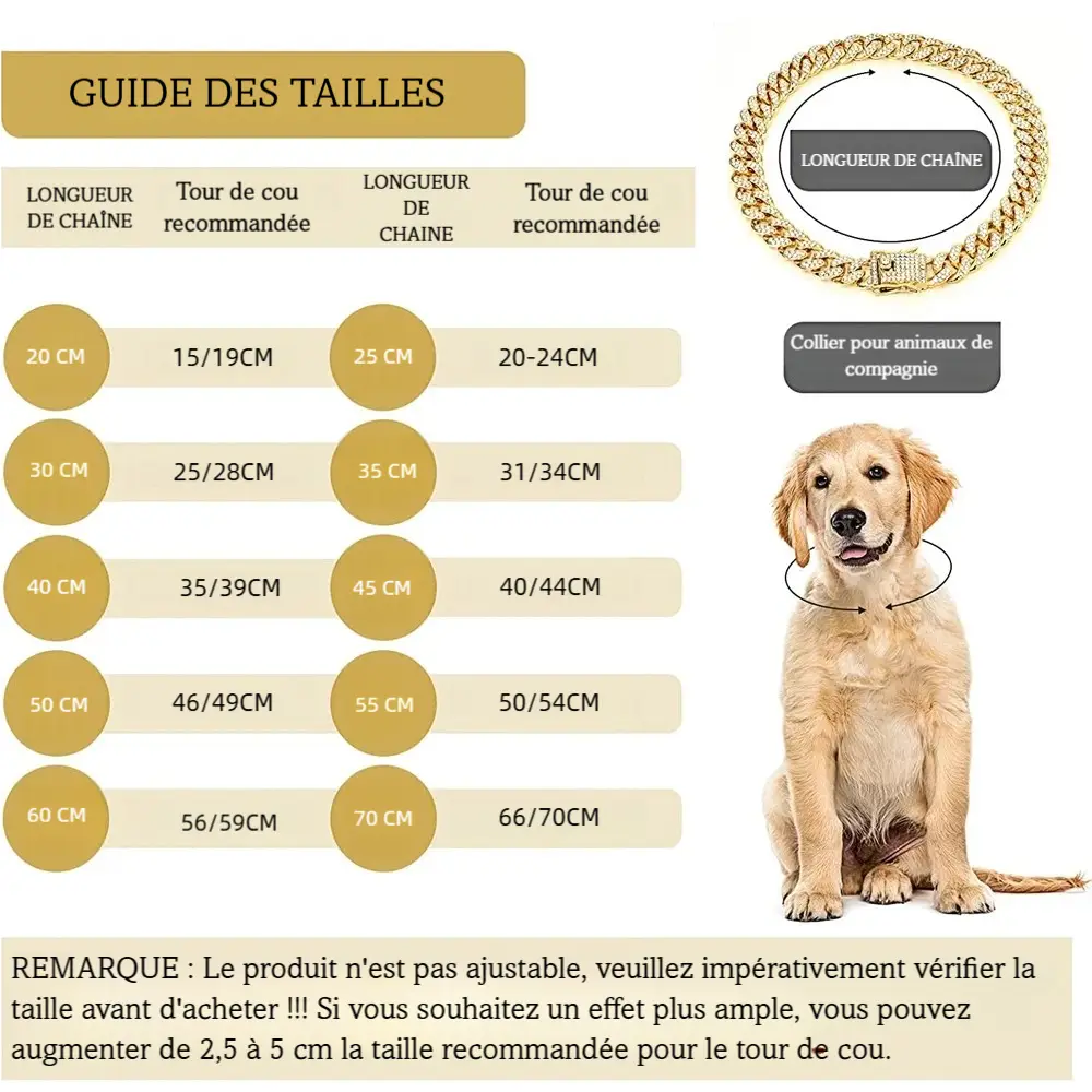 Guide des tailles du collier chaîne pour chien avec longueurs recommandées selon le tour de cou.
