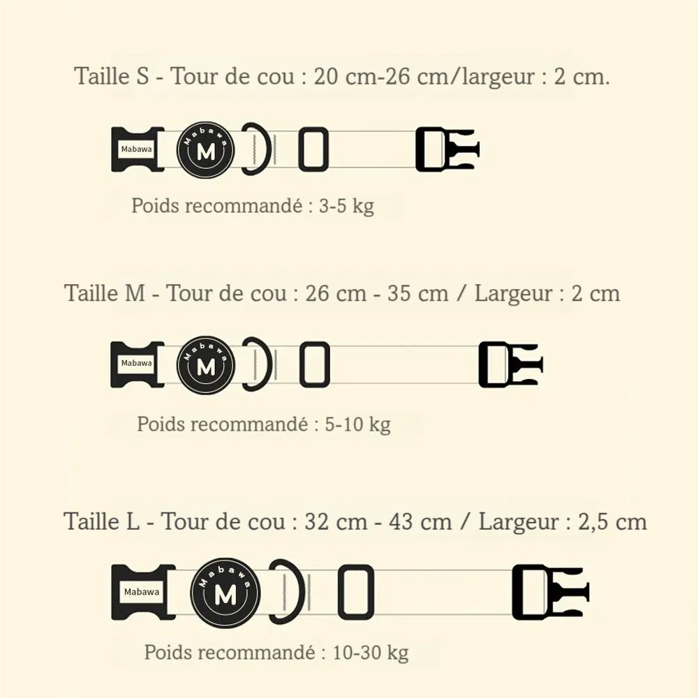Guide des tailles du collier chiot avec dimensions S, M et L.