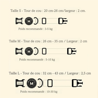Guide des tailles du collier chiot avec dimensions S, M et L.