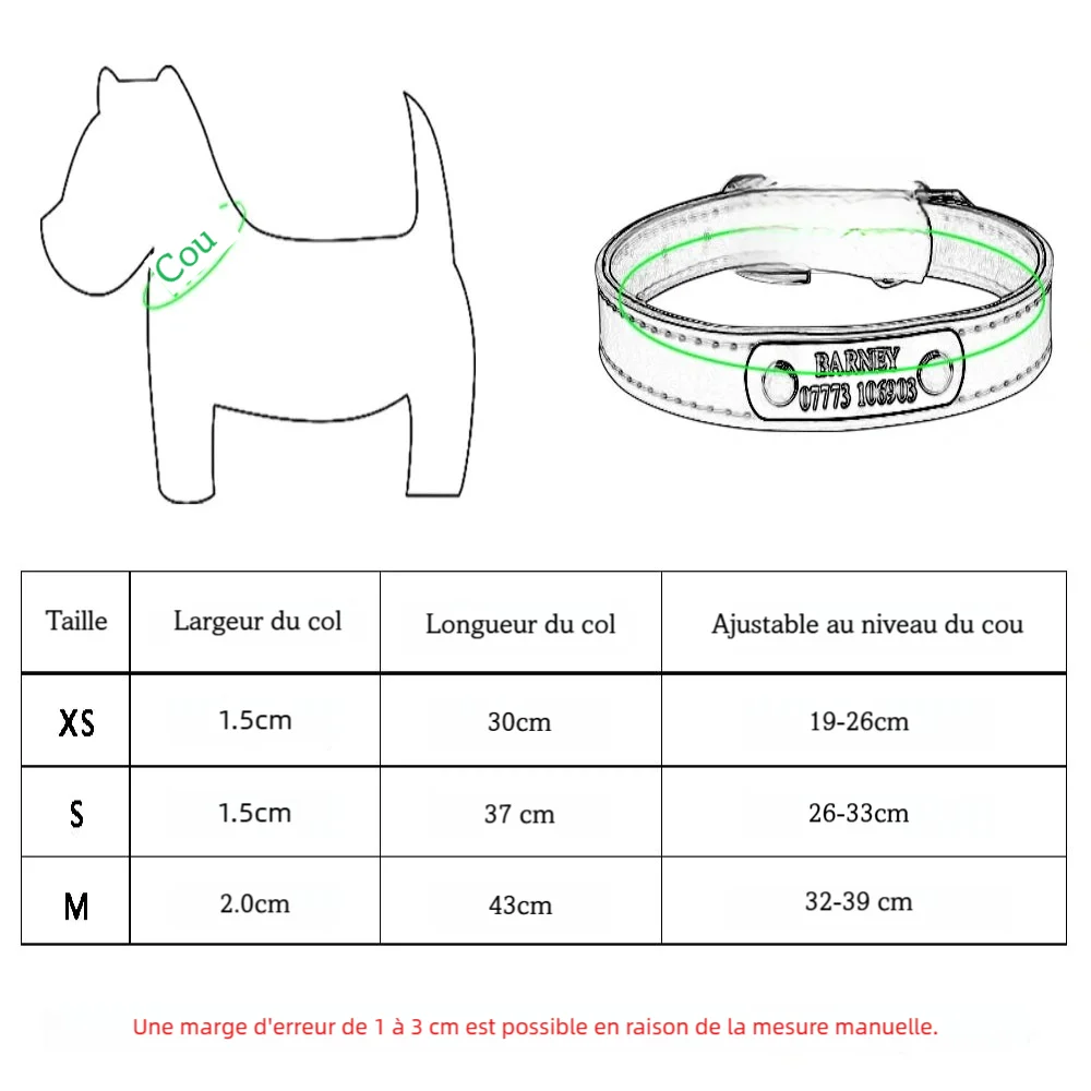 Guide de tailles du collier pour chiot avec tour de cou et dimensions en cm.