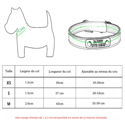 Guide de tailles du collier pour chiot avec tour de cou et dimensions en cm.