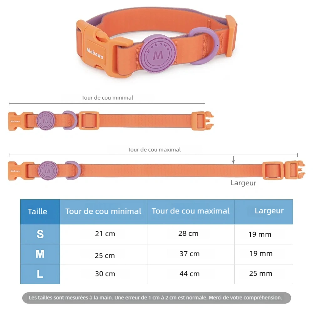 Guide des tailles du collier chiot waterproof avec dimensions S, M et L.