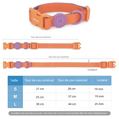 Guide des tailles du collier chiot waterproof avec dimensions S, M et L.