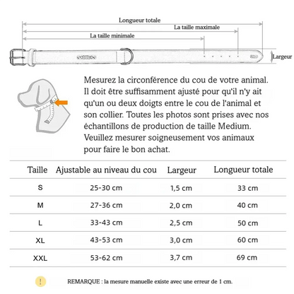 Guide des tailles du collier en cuir personnalisé pour chien avec dimensions détaillées.