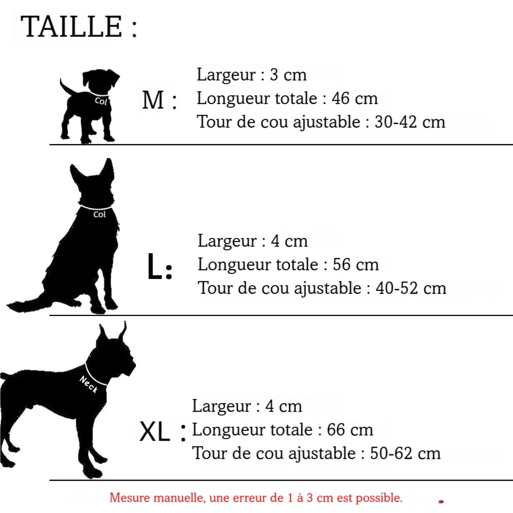 Guide des tailles du collier en cuir rembourré bicolore pour chien avec dimensions M, L et XL.