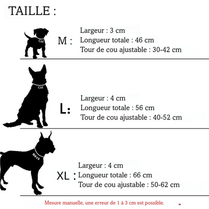 Guide des tailles du collier en cuir rembourré bicolore pour chien avec dimensions M, L et XL.