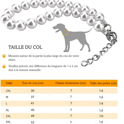 Guide des tailles d’un collier de luxe ajustable pour chien avec rang simple de perles artificielles.