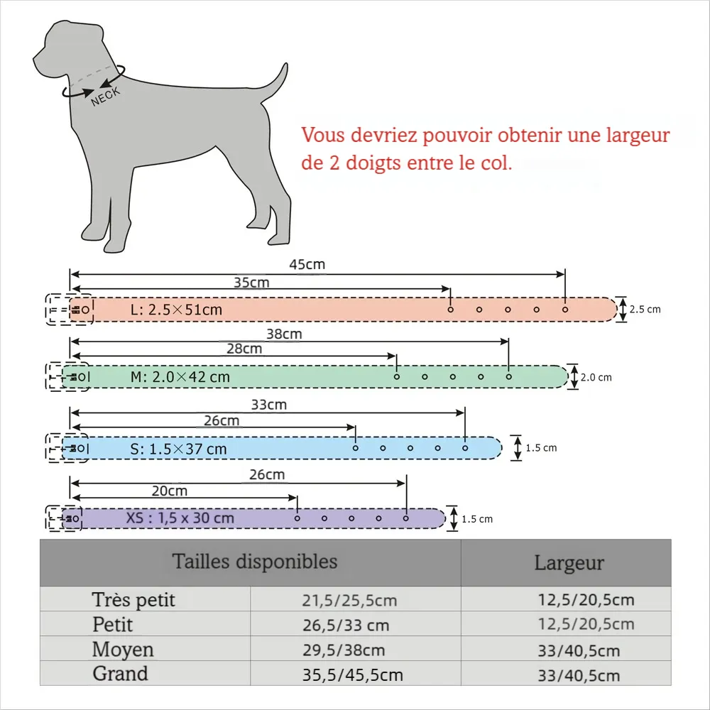 Guide des tailles d’un collier de luxe pour chien en cuir PU avec lettres et symboles en strass personnalisables.