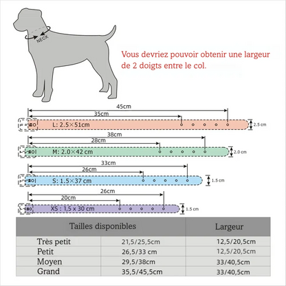Guide des tailles d’un collier de luxe pour chien en cuir PU avec lettres et symboles en strass personnalisables.