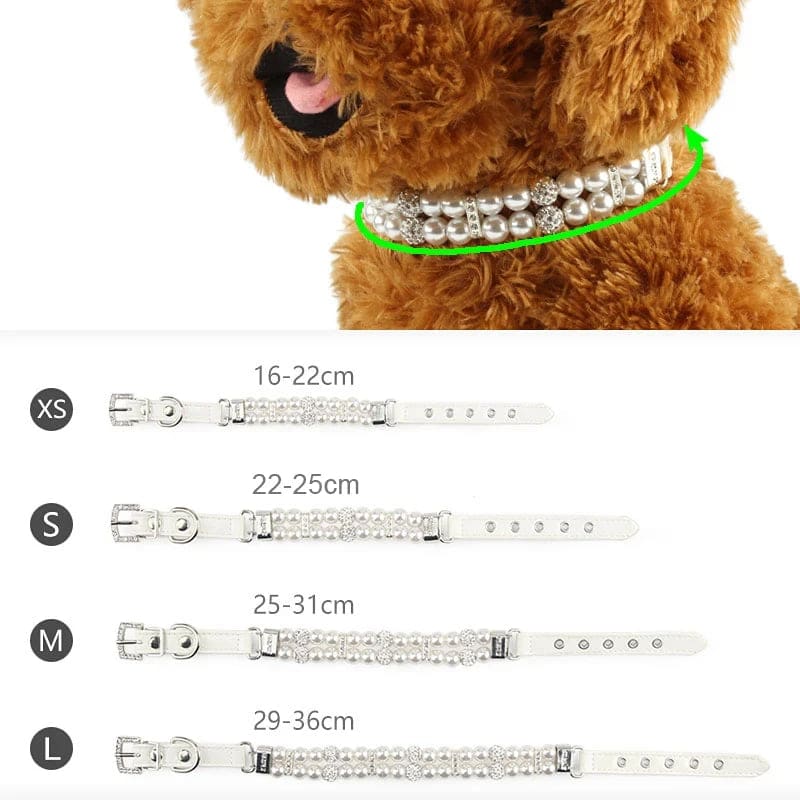 Guide des tailles d’un collier de luxe pour chien à double rang de perles avec indication du tour de cou.
