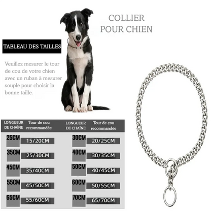 Guide des tailles du collier chaîne argenté pour chien avec tableau des longueurs recommandées.