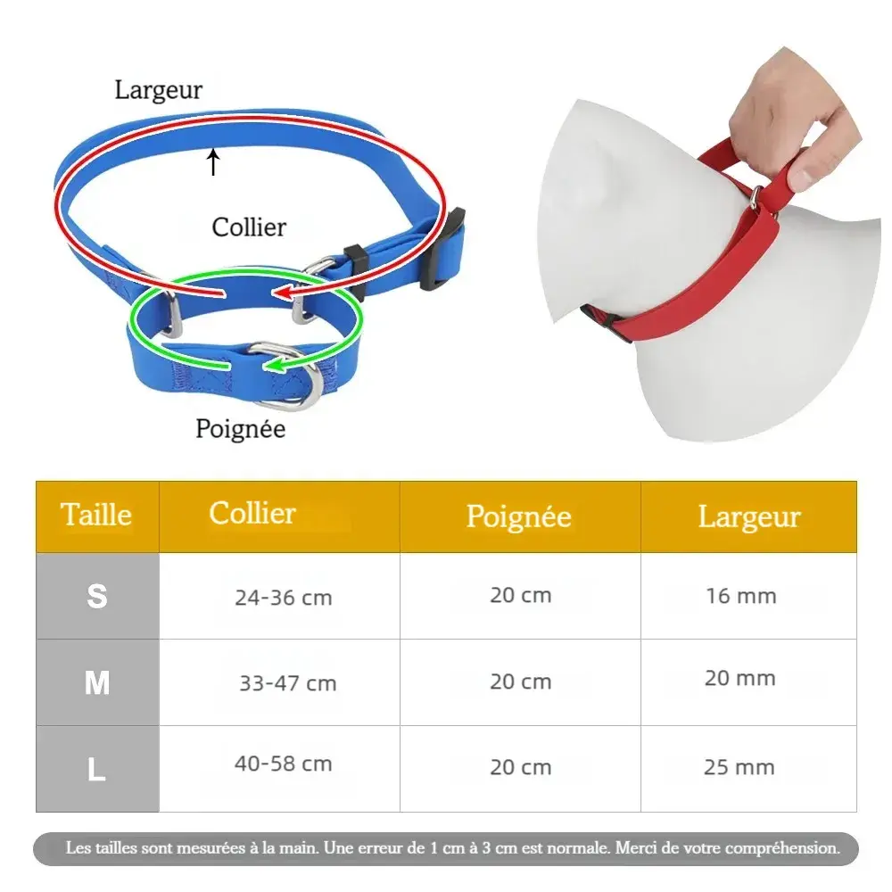 Guide des tailles du collier d’entraînement pour chien en PVC avec poignée de contrôle.