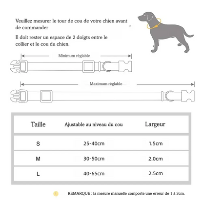 Guide des tailles du collier fluo pour chien avec dimensions S, M et L.