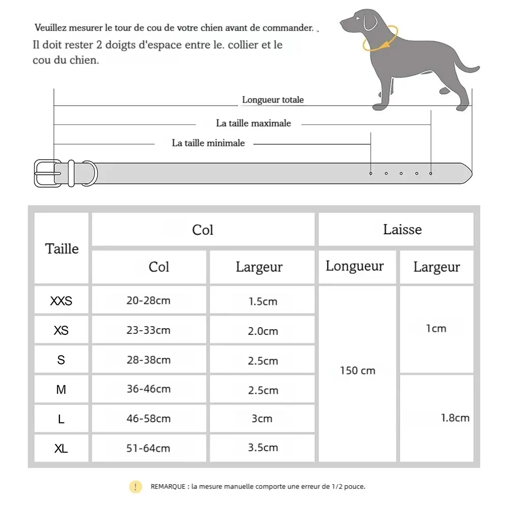 Guide des tailles pour collier et laisse pour chien en cuir avec plaque gravée.