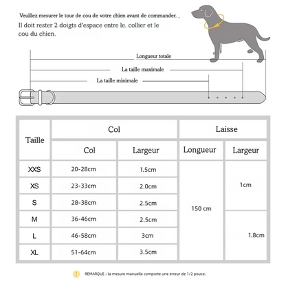 Guide des tailles pour collier et laisse pour chien en cuir avec plaque gravée.