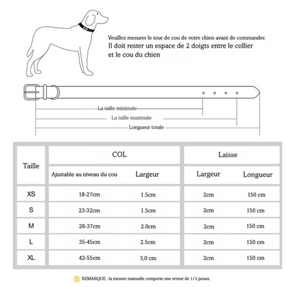 Guide des tailles pour collier et laisse pour chien en cuir PU réglable.