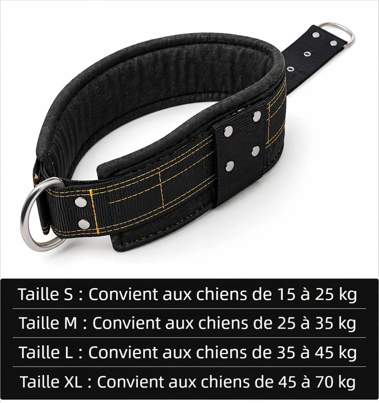 Guide des tailles du collier large pour chien avec repères S 15 à 25 kg, M 25 à 35 kg, L 35 à 45 kg et XL 45 à 70 kg.