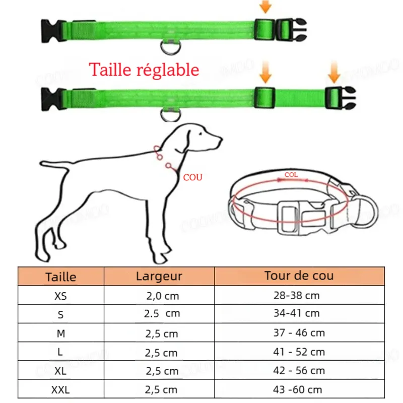 Schéma de taille ajustable d’un collier lumineux pour chien avec tableau des mesures.