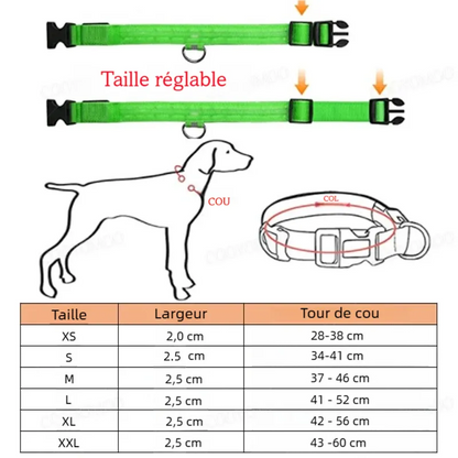 Schéma de taille ajustable d’un collier lumineux pour chien avec tableau des mesures.