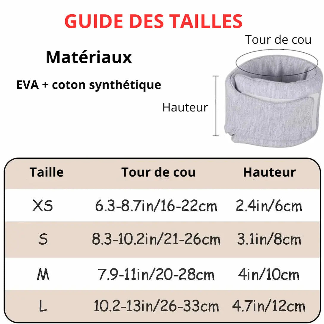 Guide des tailles du collier médical de maintien du cou pour chien avec tour de cou et hauteur
