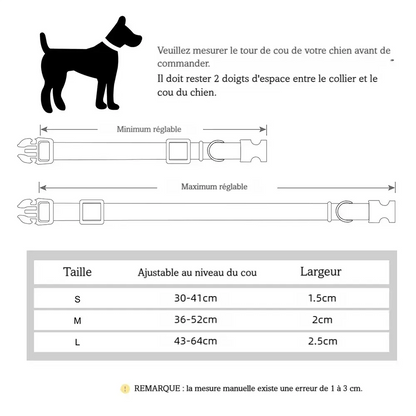 Guide des tailles du collier de nage pour chien avec dimensions S, M et L.