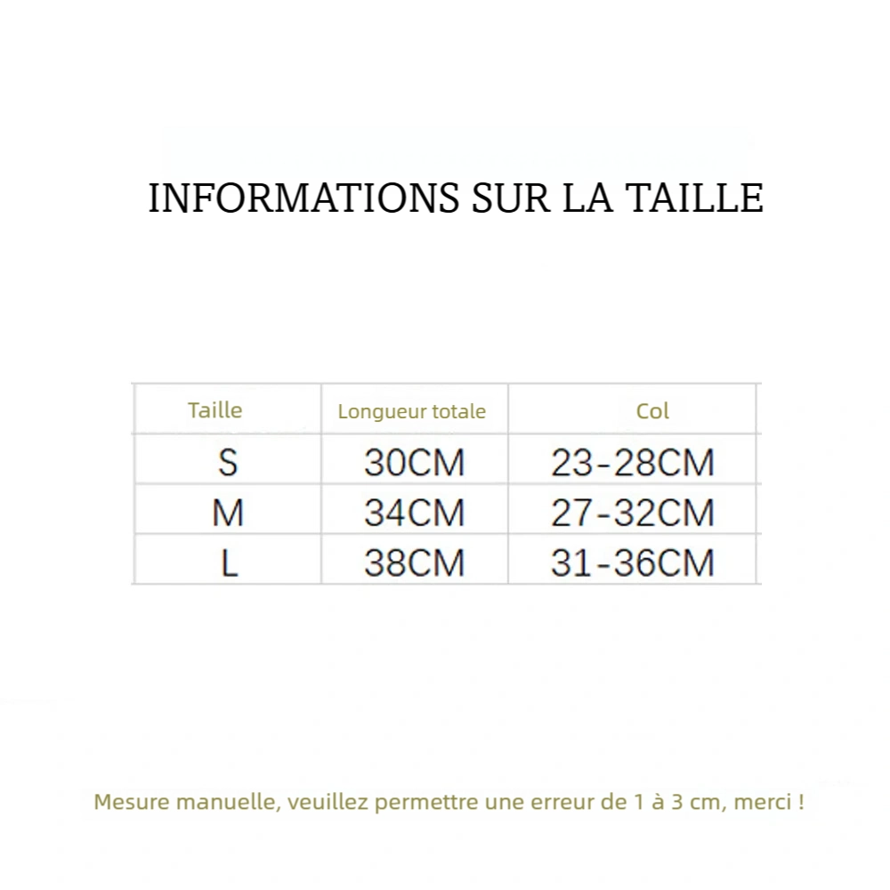 Guide des tailles pour collier en perles avec tableau S, M et L indiquant longueur totale et tour de cou.