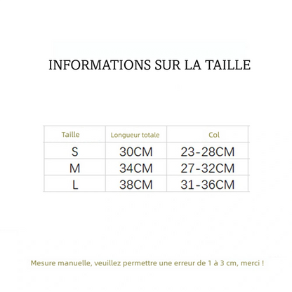 Guide des tailles pour collier en perles avec tableau S, M et L indiquant longueur totale et tour de cou.