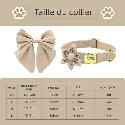 Guide des tailles d’un collier personnalisé pour chien avec dimensions du collier, du nœud papillon et de la fleur.