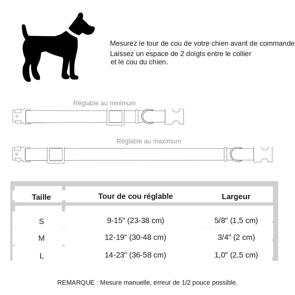 Tableau des dimensions pour collier pour chien en nylon à carreaux, disponible en tailles S, M et L.