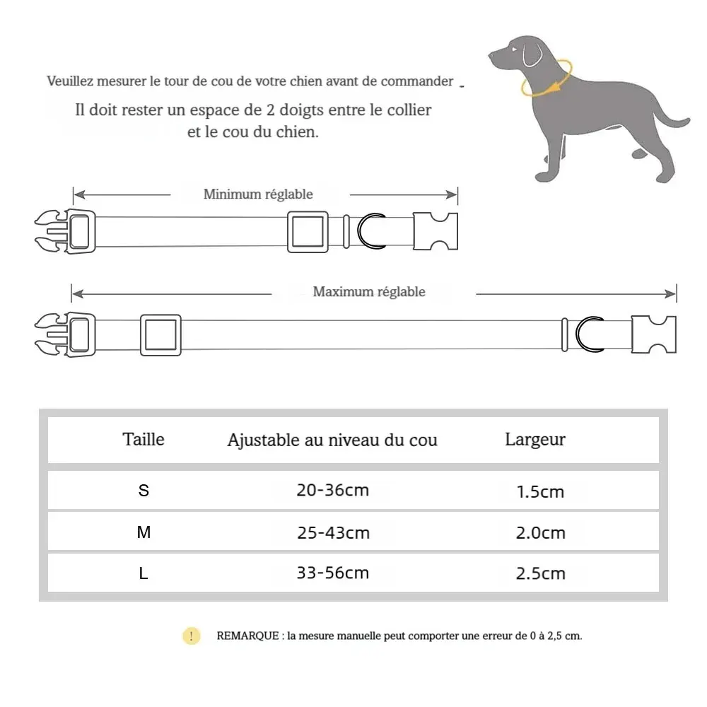 Guide des tailles d’un collier pour chien avec schéma de mesure du cou.