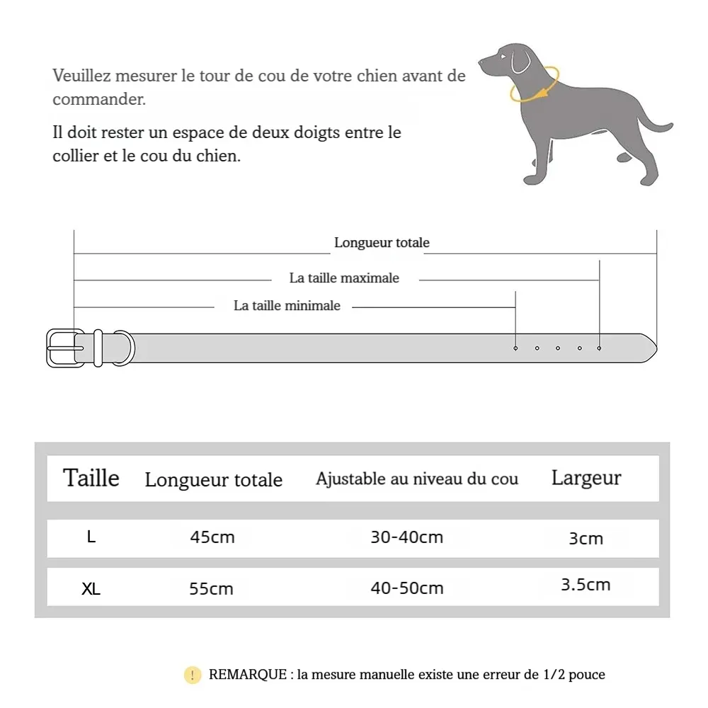 Guide des tailles du collier tressé en cuir de vache pour chien.