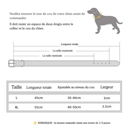 Guide des tailles du collier tressé en cuir de vache pour chien.