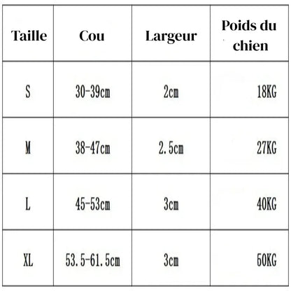 Guide des tailles pour colliers avec tableau indiquant les dimensions S, M, L et XL.
