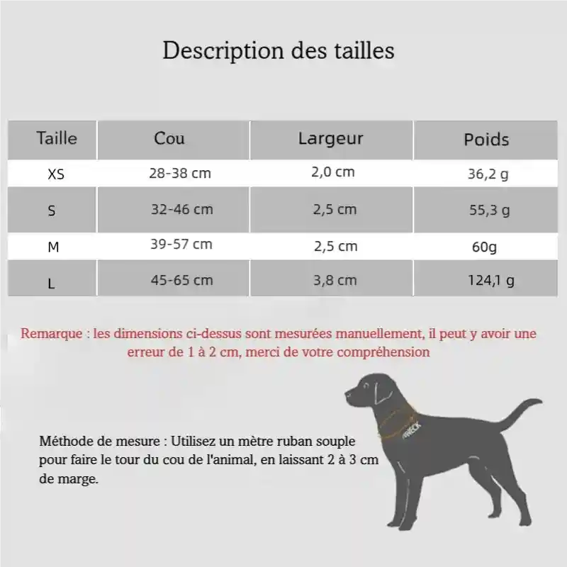Guide des tailles pour colliers de chien avec tableau indiquant les dimensions XS, S, M et L.
