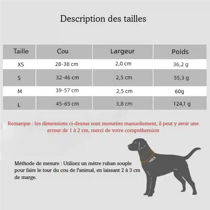Guide des tailles pour colliers de chien avec tableau indiquant les dimensions XS, S, M et L.