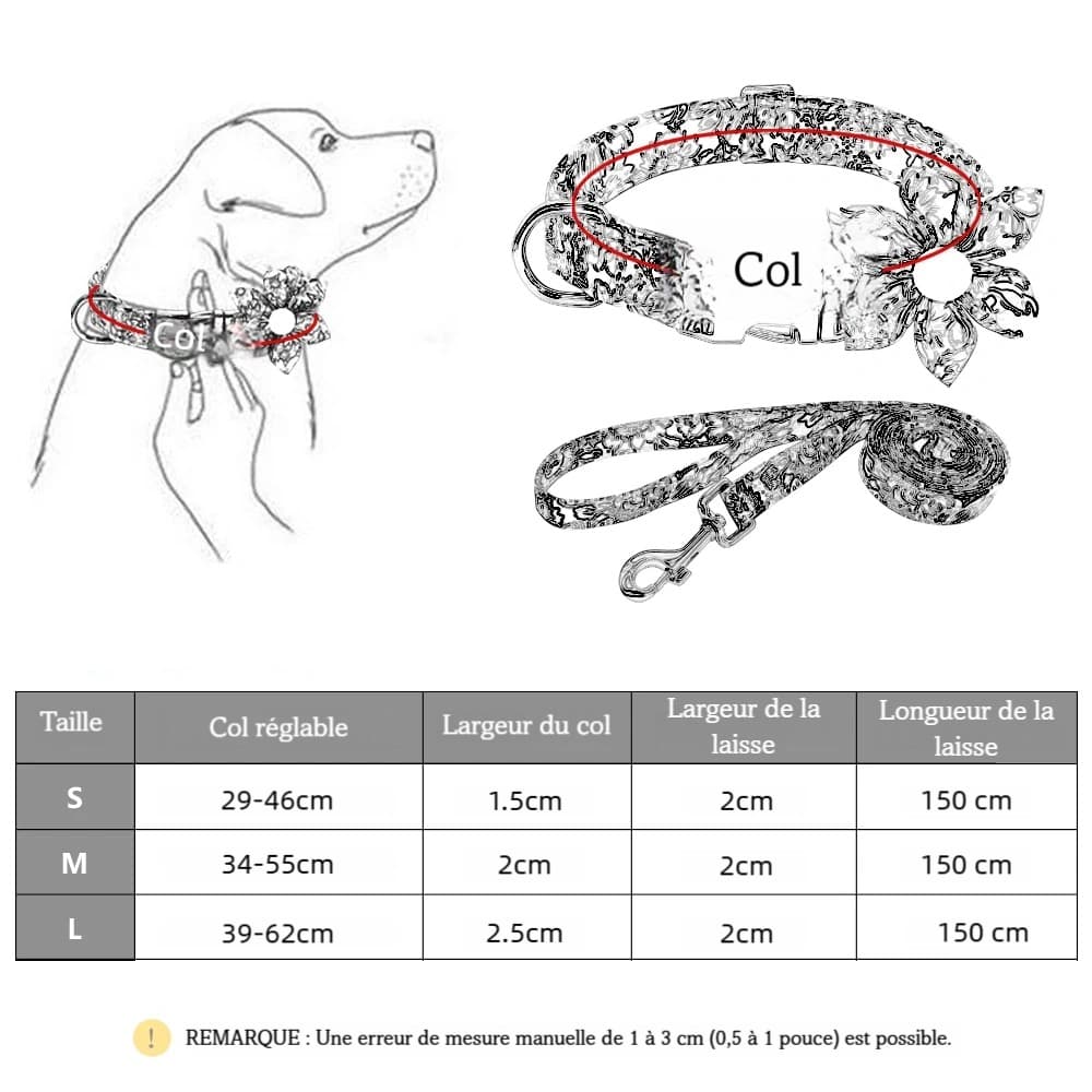 Guide des tailles de l’ensemble collier et laisse fleuri pour chien allant des tailles S à L.