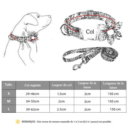 Guide des tailles de l’ensemble collier et laisse fleuri pour chien allant des tailles S à L.