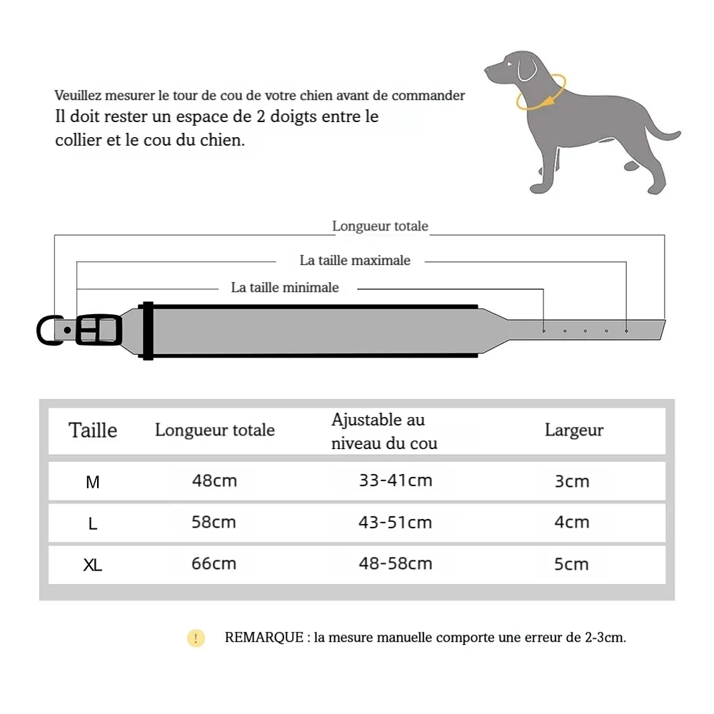 Guide des tailles pour grand collier personnalisé pour chien moyen et grand.