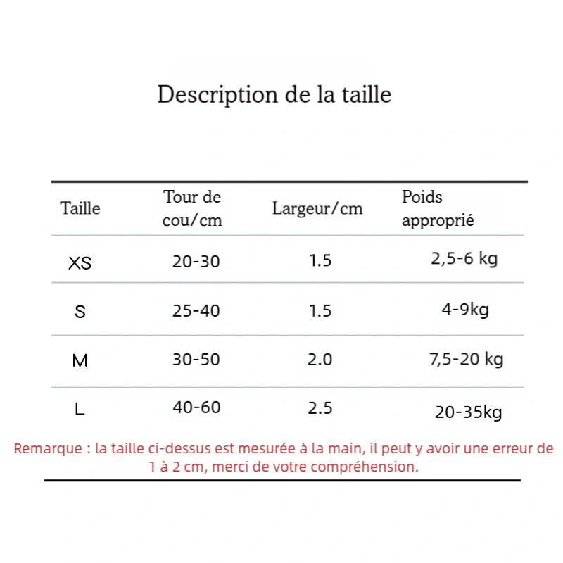 Guide des tailles pour laisse et collier de chien avec tableau XS, S, M et L indiquant tour de cou, largeur et poids.