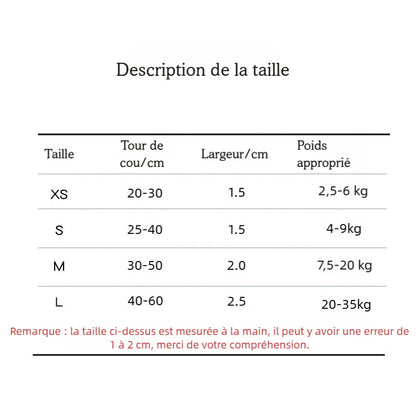 Guide des tailles pour laisse et collier de chien avec tableau XS, S, M et L indiquant tour de cou, largeur et poids.