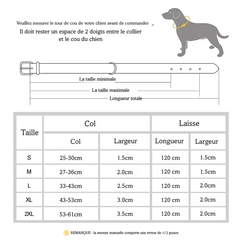 Guide des tailles pour collier et laisse pour chien selon le gabarit.