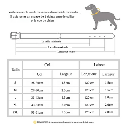 Guide des tailles pour collier et laisse pour chien selon le gabarit.