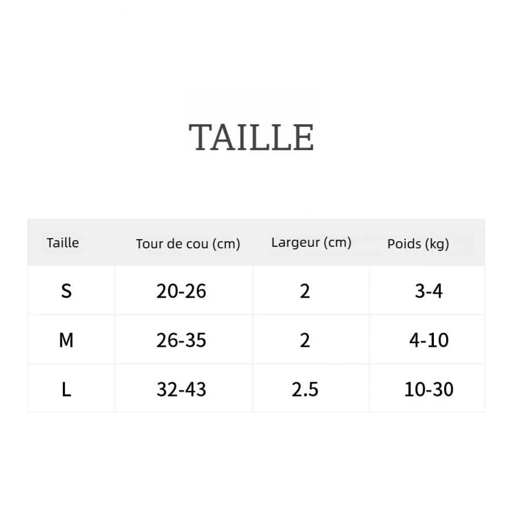 Guide des tailles allant de S à L du collier pour chiot avec motif ourson sur fond blanc.