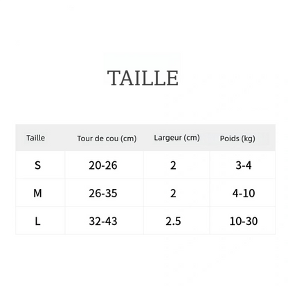 Guide des tailles allant de S à L du collier pour chiot avec motif ourson sur fond blanc.