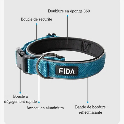 Schéma détaillé du collier Fida montrant la fermeture rapide, le rembourrage mousse 360 degrés et les bandes réfléchissantes.
