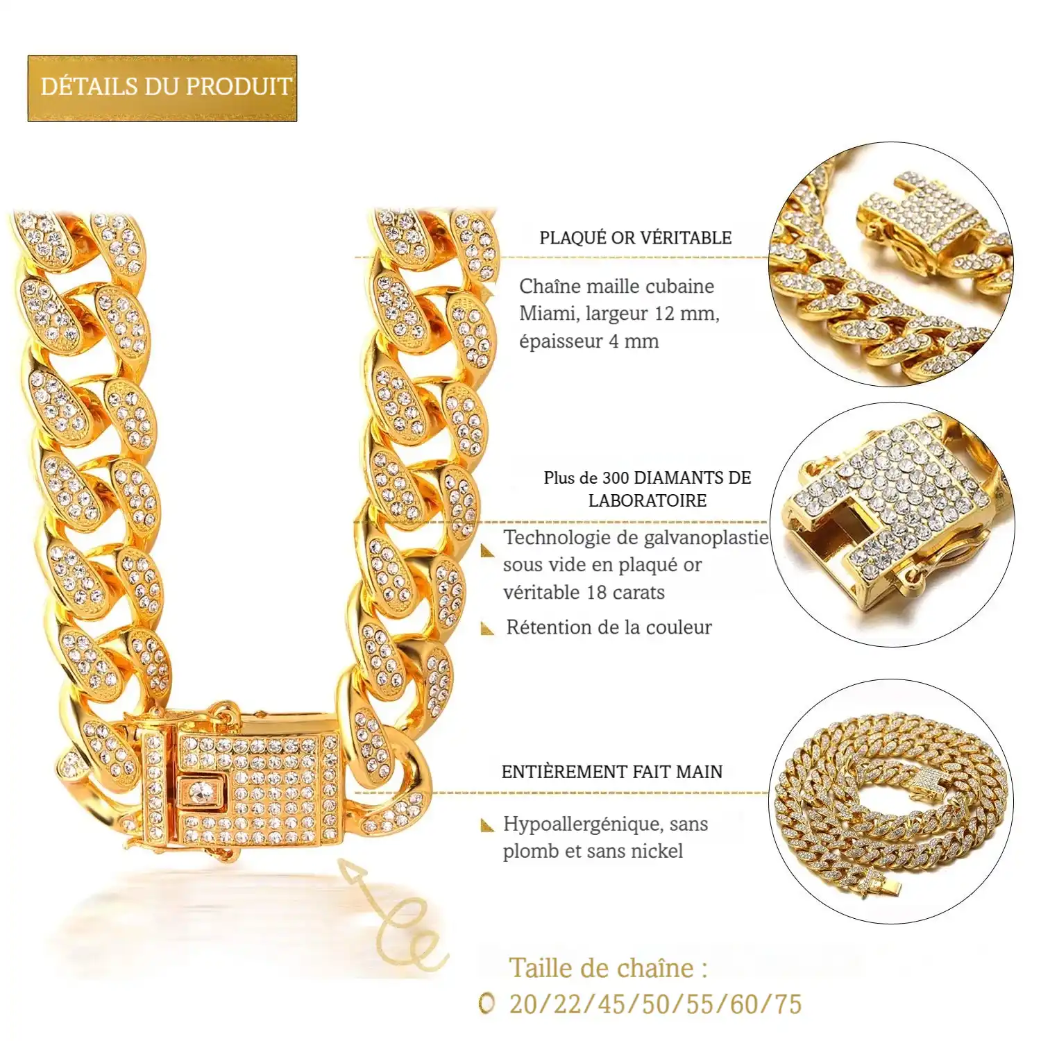 Infographie produit d’un collier chaîne doré pour chien avec strass et détails du fermoir.