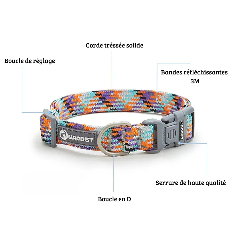 Infographie technique du collier pour chien avec légendes indiquant la boucle de réglage, la corde tressée et les bandes réfléchissantes.