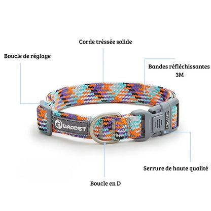 Infographie technique du collier pour chien avec légendes indiquant la boucle de réglage, la corde tressée et les bandes réfléchissantes.