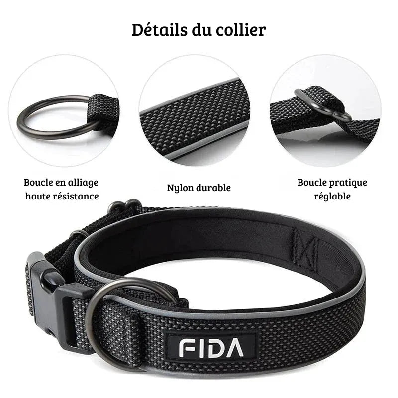 Détails des composants du collier avec zooms sur l'anneau métal, le textile et la boucle.